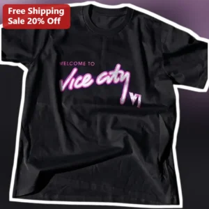 Welcome to Vice City VI Tee GTA 6 Miami Neon Synthwave Graphic Shirt for Gamers available at our Los Angeles warehouse