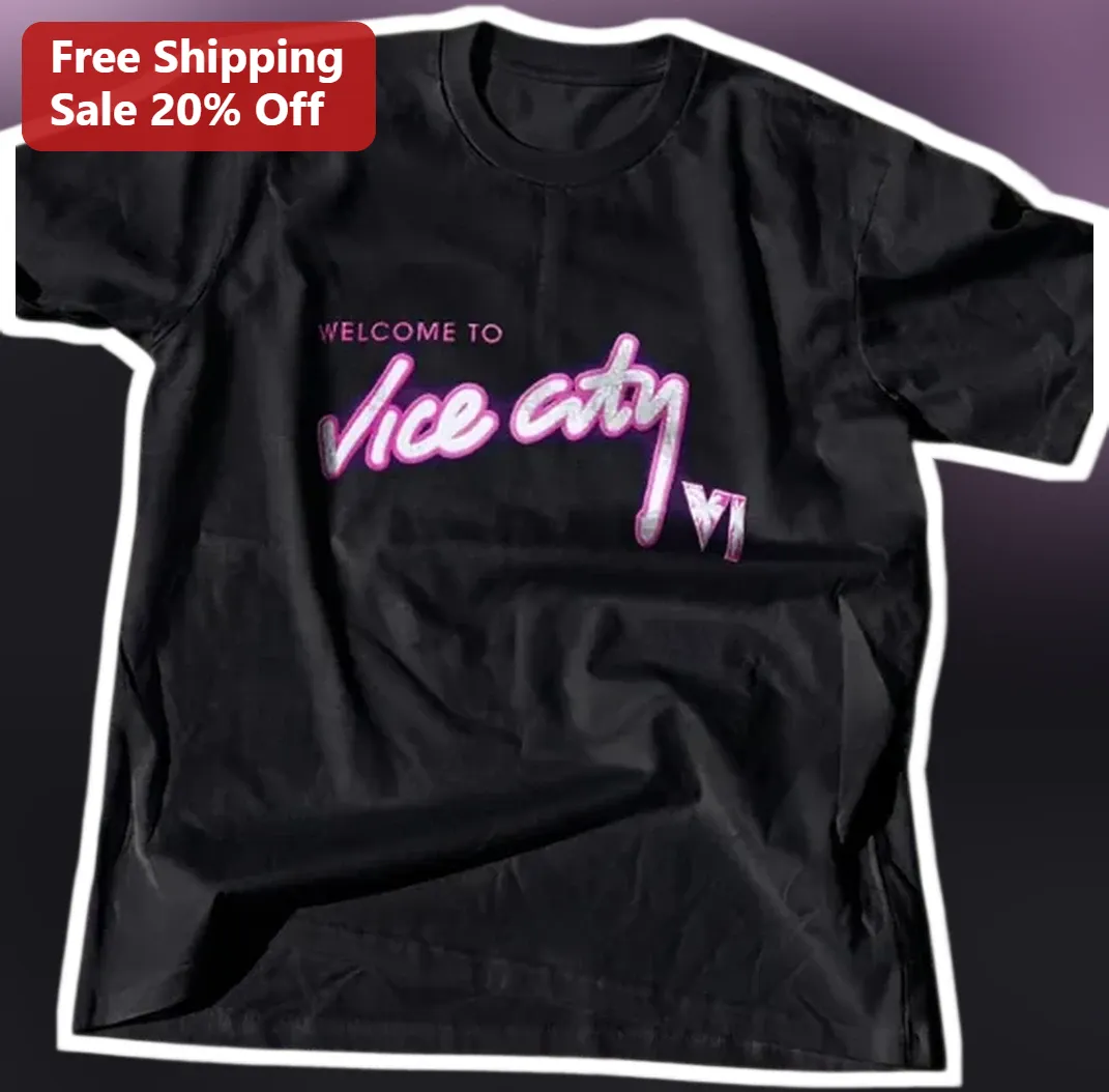 Welcome to Vice City VI Tee GTA 6 Miami Neon Synthwave Graphic Shirt for Gamers available at our Los Angeles warehouse