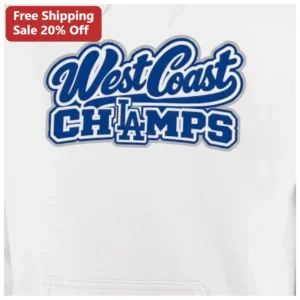 West Coast Champs Hoodie LA Varsity Style Retro Athletic Sweatshirt for Men Women Sports Fans available at our Los Angeles warehouse