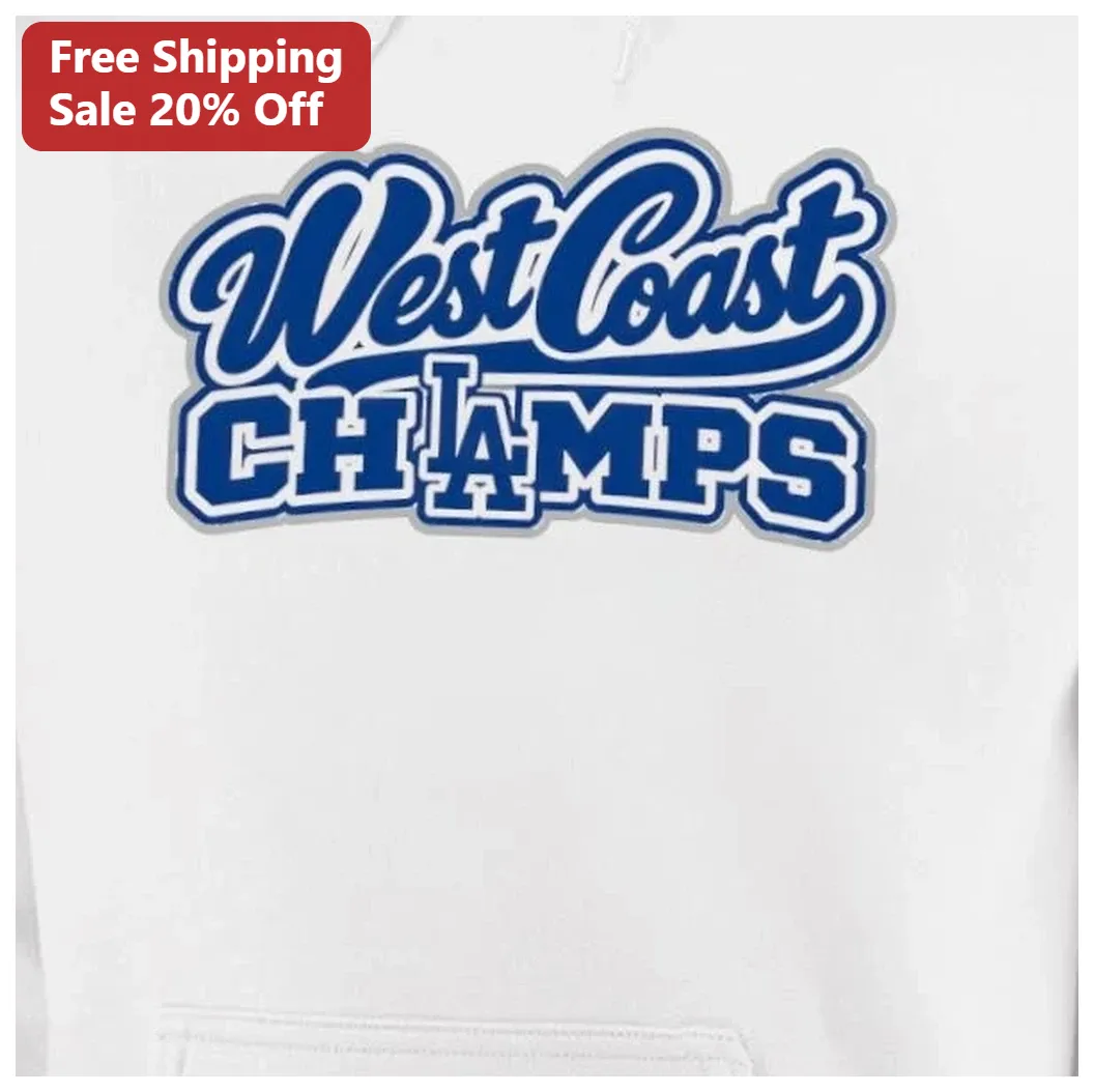 West Coast Champs Hoodie LA Varsity Style Retro Athletic Sweatshirt for Men Women Sports Fans available at our Los Angeles warehouse