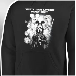 What's Your Favorite Disney Ride Hoodie Ghostface Mickey Mouse Horror Theme Park Pullover available at our Los Angeles warehouse