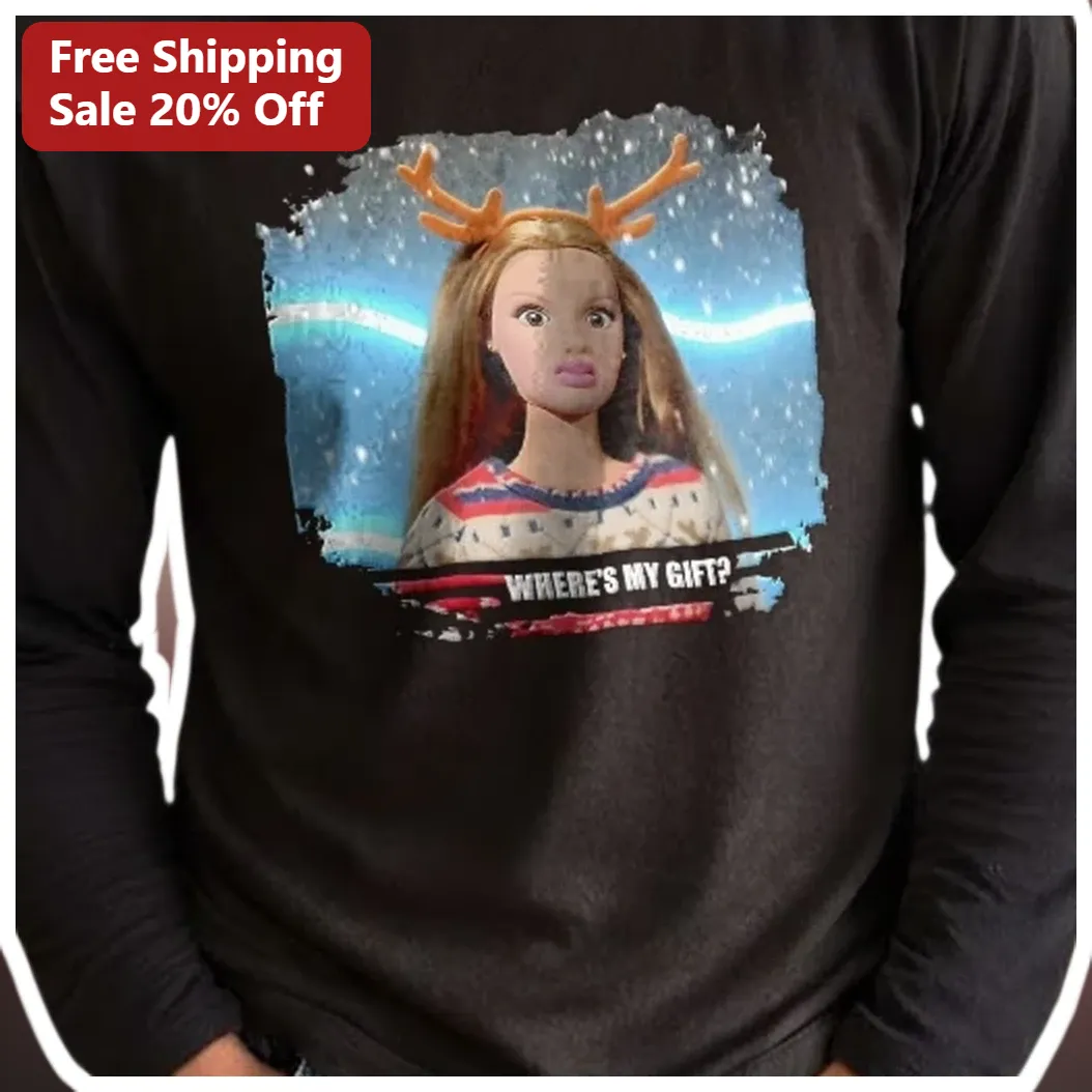 Where's My Gift? Funny Sarcastic Holiday Grumpy Doll Long Sl — Los Angeles Where's My Gift? Funny Sarcastic Holiday Grumpy Doll Long Sleeve Shirt Black Winter Casual Top available at our Los Angeles warehouse