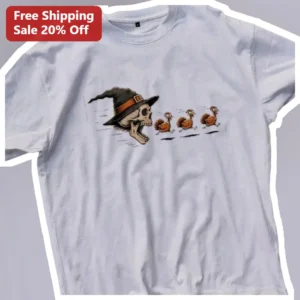 Witch Hat Skull Turkey Graphic Tee Halloween Thanksgiving Spooky Funny Shirt Gift available at our Los Angeles warehouse