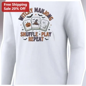 Witchy Mahjong Shuffle Play Repeat Long Sleeve Shirt Halloween Spooky Gamer Gift available at our Los Angeles warehouse