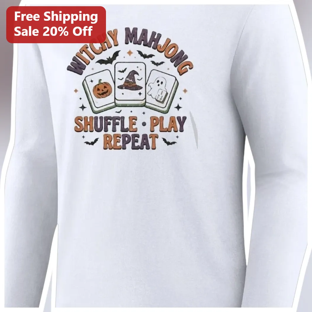 Witchy Mahjong Shuffle Play Repeat Long Sleeve Shirt Halloween Spooky Gamer Gift available at our Los Angeles warehouse