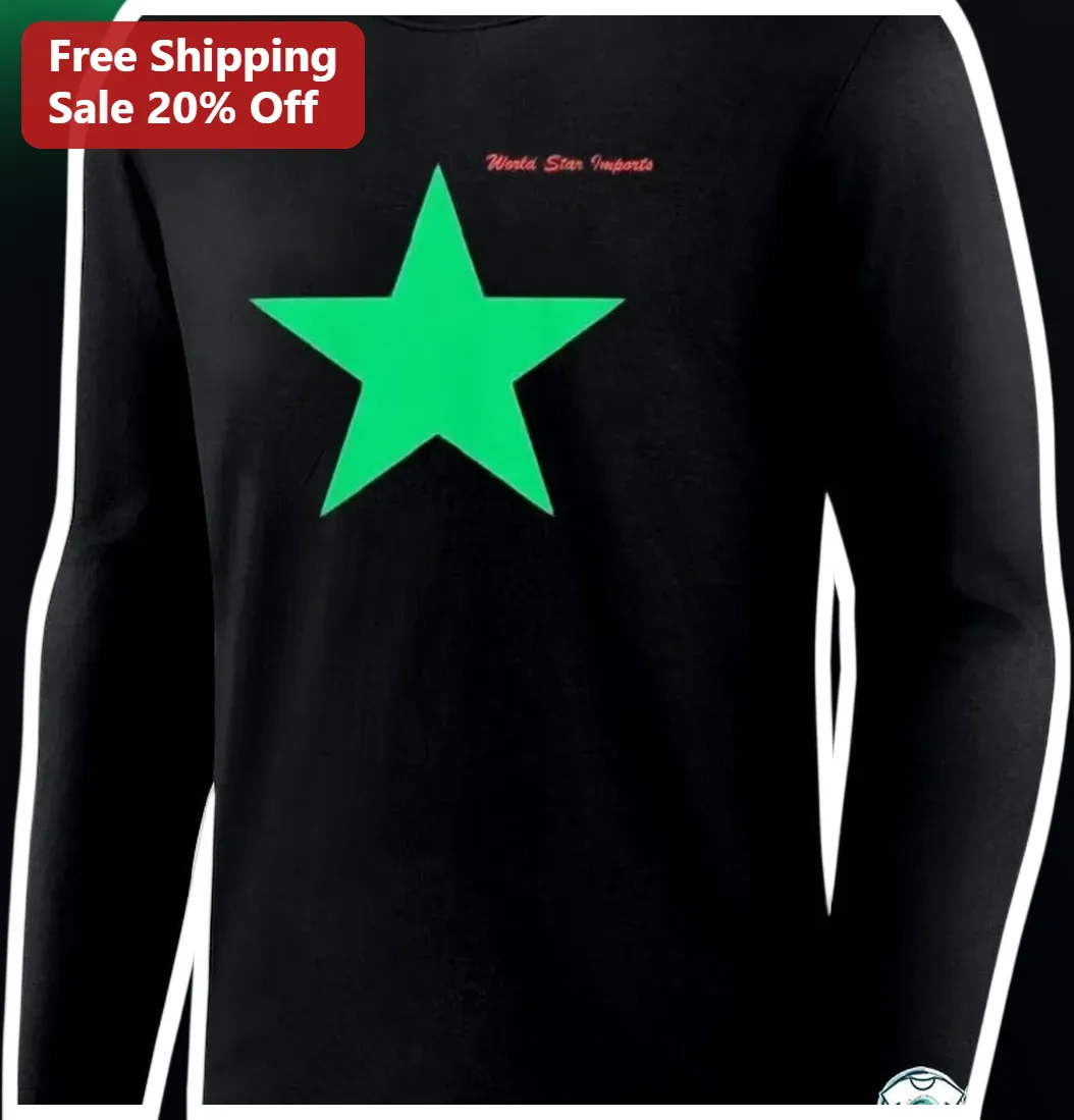 World Star Imports Long Sleeve Tee Black Green Star Graphic Streetwear Shirt available at our Los Angeles warehouse
