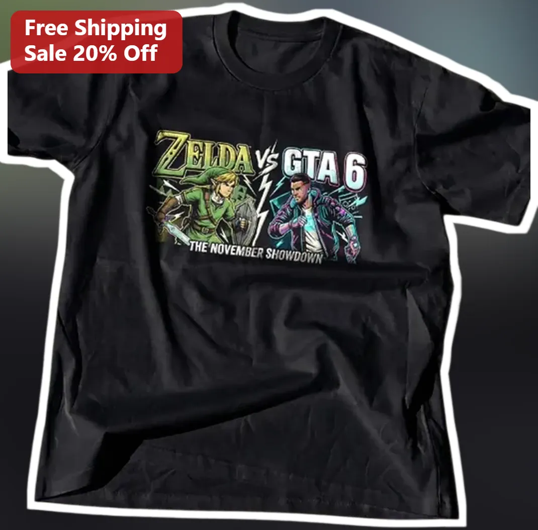 Zelda vs GTA 6 The November Showdown Tee Link and Jason Gaming Crossover Shirt for Gamers available at our Los Angeles warehouse